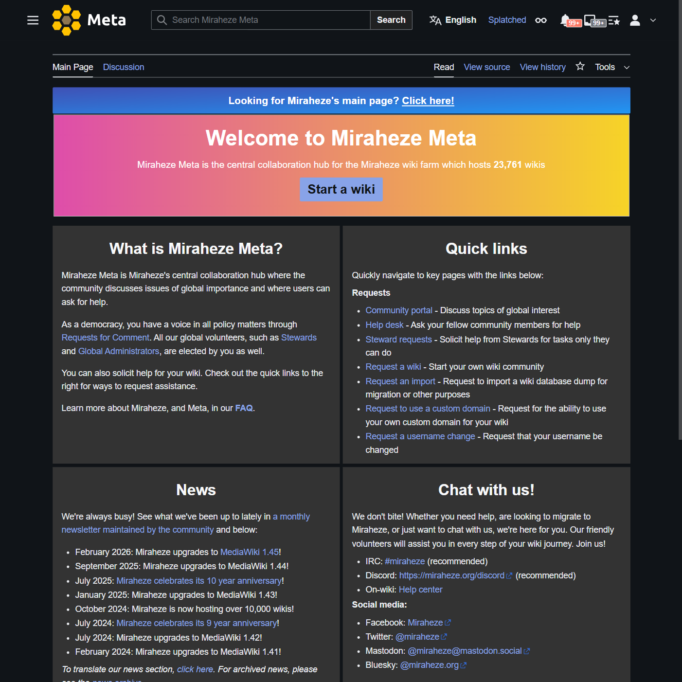 Screenshot of Miraheze Meta